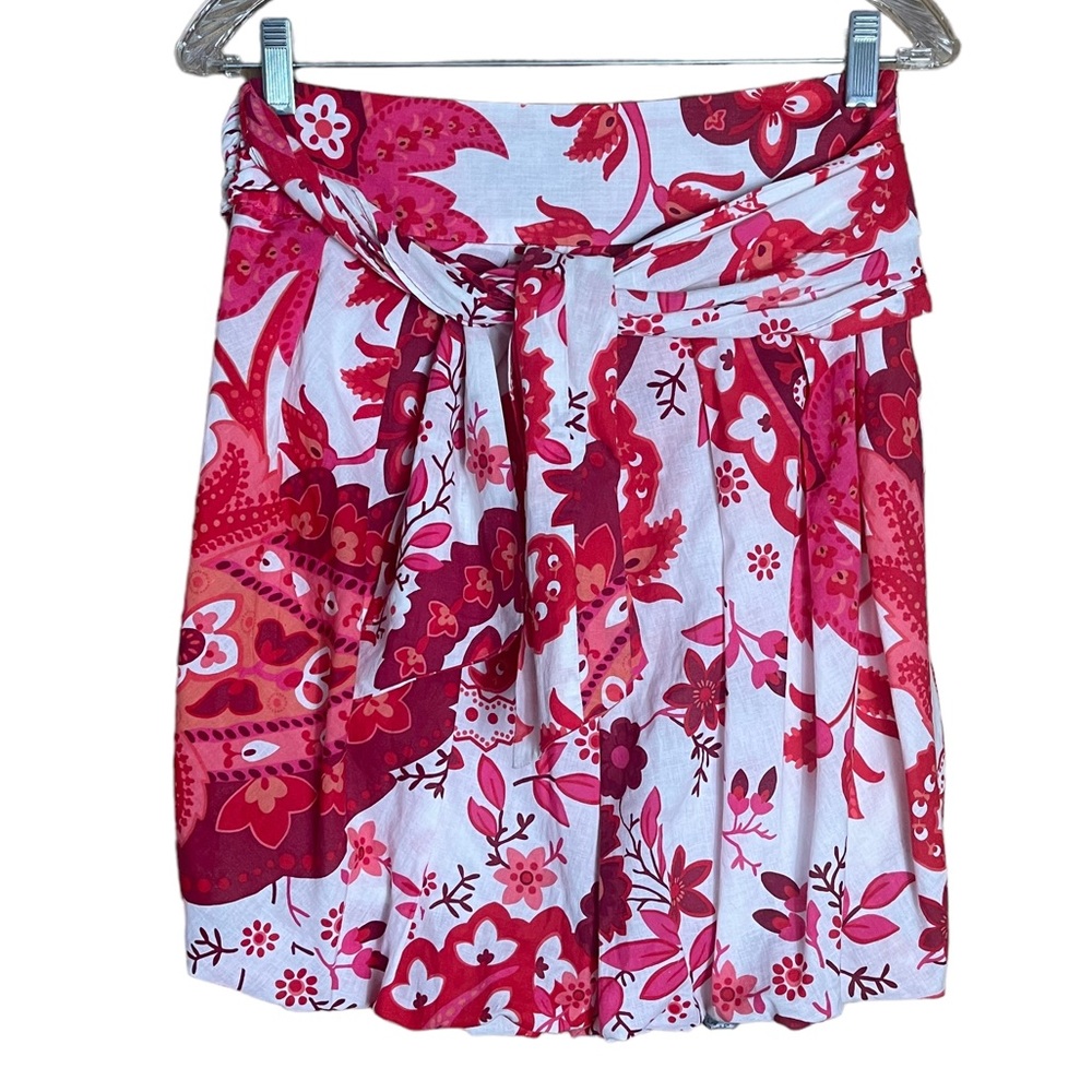 ZARA M cotton bubble hem sash tie mini skirt red pink